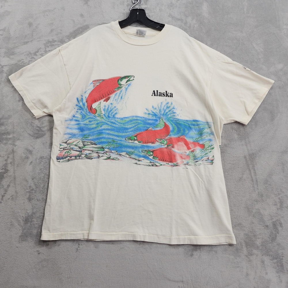 Vintage Hanes Beefy-T Tee Mens 2XL Cream Alaska Salmon 90s Single Stitch Dual